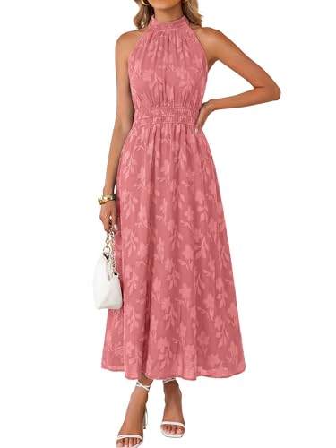 Image of Simplee Womens Summer Halter Maxi Dress Boho Floral Wedding Guest Dress Flowy Sleeveless Long Sundresses with Pockets