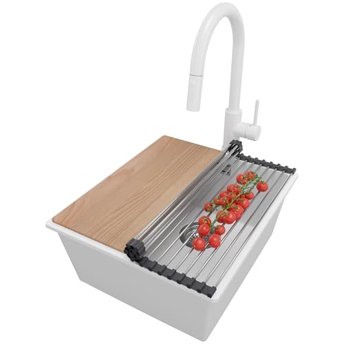 PRIMAGRAN Fregadero Granito Blanco 41x47cm, Fregadero Cocina 1 Seno + Sifón + Grifo 40x20cm + Accesorios, Fregadero sobre encimera al mueble 45cm - London Slim