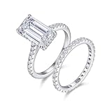 Aotiwe Anillos de joyería para mujer, delicado anillo de plata, juego de 2 anillos con moissanita rectangular de 7 x 12 mm, oro blanco/platino, P 1/2, Oro blanco de 9 quilates, Moissanita