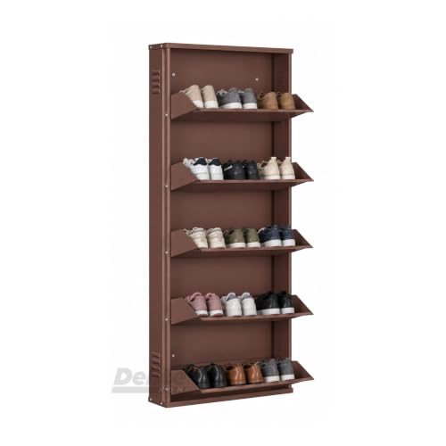 Image of DELITE KOM AIRO 24 inch 5 Shelf Metal Shoe Rack Wall Mounted for Home with Lock | Air-Vent Designer Panels Keep Shoes Odour-Free | Holds 15 Shoes or 25 Slipper Pairs | 1Yr Warranty | 67x24x5 Coffee | DIY