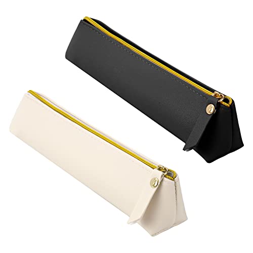 FUYOAL 2 Pcs Leather Pencil Pen Case Pouch, Slim Design Pen Bag Leather Extra Small Pencil Case for Student Office College (Black, White)