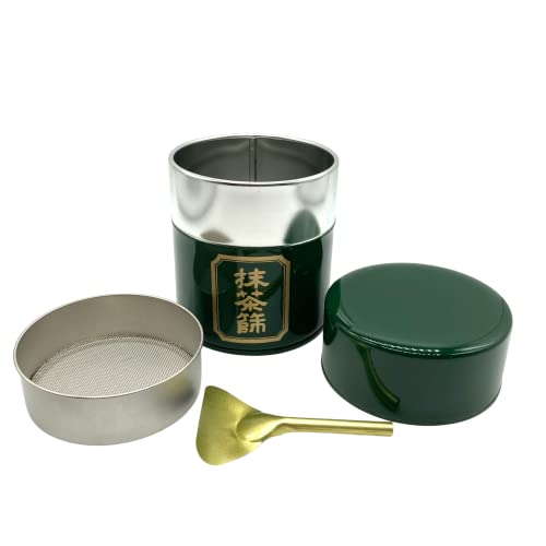 Matcha Tin Container with Mesh Sifter and Scoop/Matcha Powder Canister / 150g (5.3ounces) Tea Capacity/Made in japan (Green)