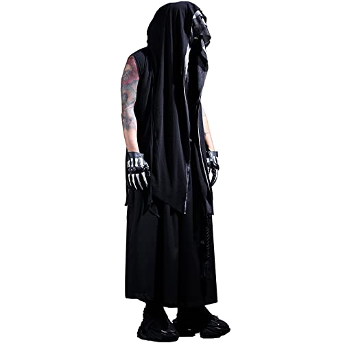 Longline Cloak Hood Mens Sleeveless Mesh Cut Off Open Vest Layering Cardigan Streetwear Black 6