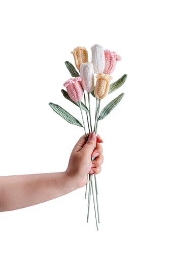 vaiyiyav Handmade Crochet Tulip Bouquet – Crocheted Flower Knitted Yarn Artificial Tulips, Forever Floral Arrangement for Home Decor, Wedding, Birthday, (Tulip04)