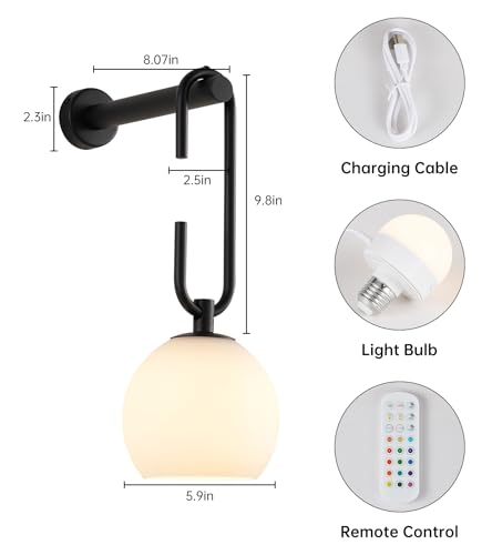 Image of Glass Globe Wall Sconces Set of 2, Battery Operated Wall Light with Remote, Indoor Wireless Wall Lights with Dimmable 12RGB Colors Light Bulbs for Bedroom Living Room Hallway(Black)
