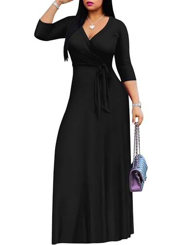 Image of Plus Size Maxi Dress for Women V Neck Flowy Dresses with Pockets for Wedding Guest Church