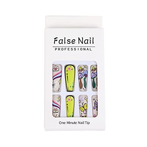 Sixdian Press On Nails Long Coffin Fake Nails Graffiti Flower Glue On Nails Butterfly Mushroom Eyes Stick On Nails With Rainbow Designs Extra Long Coffin Press On Nails Acrylic False Nail For Women And Girls (Style A15) #TOP6