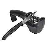 Afilador cuchillos profesional 3 en 1 con mango cómodo antideslizante. 1 Repara cuchillas dañadas antes de afilarlas. 2 Muela de tungsteno para afilar la cuchilla y restaurarla en forma de V. 3 pule la cuchilla y nivela cualquier irregularidad.