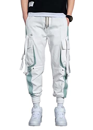 ORANDESIGNE Homme Pantalon de Jogging Pantalon Hip Hop Pantalon de Sport Multi-Poches Hip Hop Streetwear Pantalon Cargo Joggers Activewear Pantalons B Blanc S