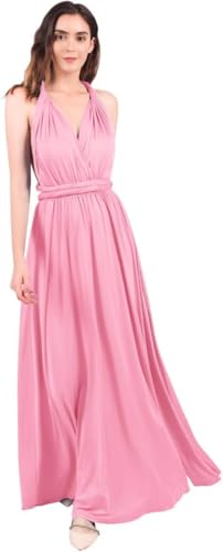 Robe de soirée convertible rose en coupe maxi fluide pour réception de gala