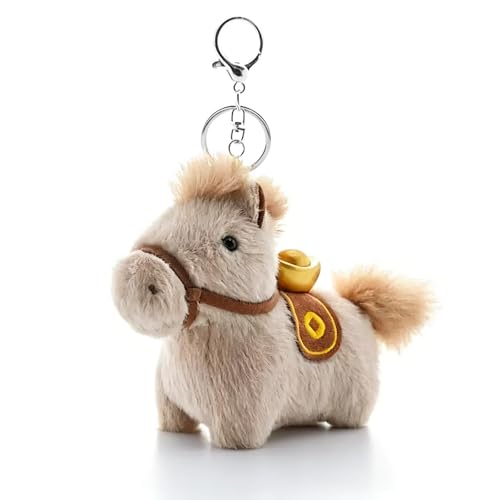 Image of Fruitlly Plush Pony Keychain for Women Cute Fluffy Horse Bag Charm Soft Animals Pendant Car Key Ring Accessories (Khaki)