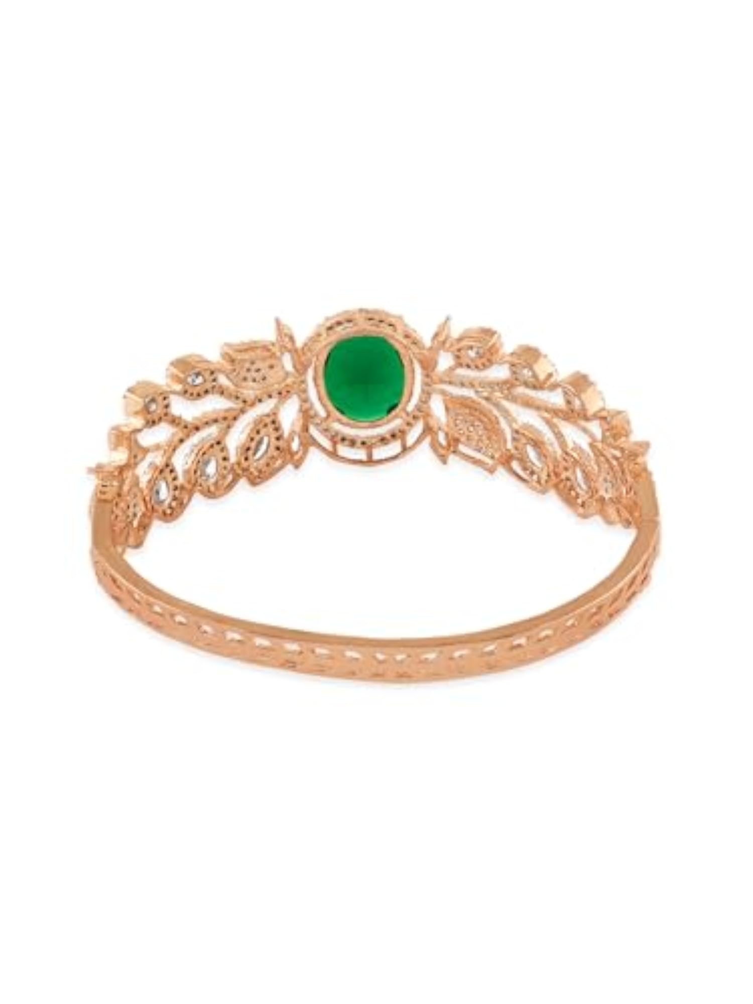 Women's Two Tone Brass Kada Bracelet with Green Stone