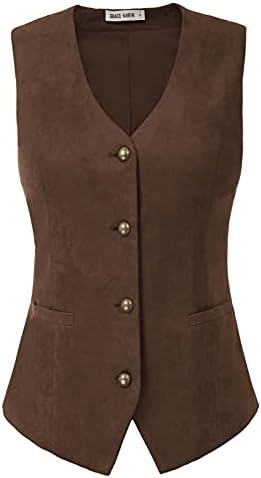 GRACE KARIN Women's Suede Leather Suit Vest Casual Western Vest Jacket Slim Fit Vest Waistcoat(L, Coffee)