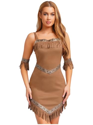 Moggemol Womens Native American Indian Princess Dresses Pocahontas Costume For Halloween Party Brown Medium