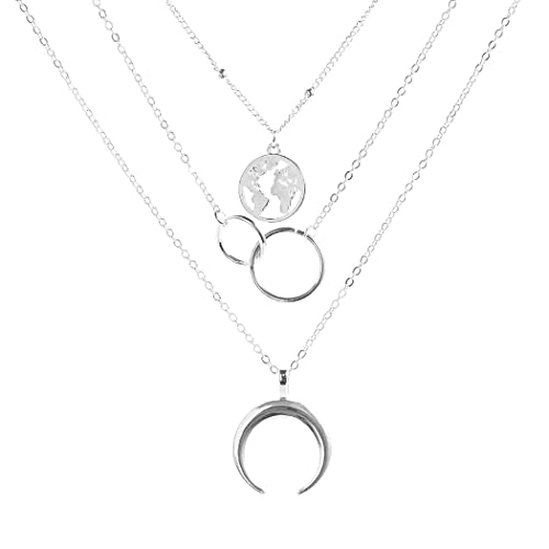 Edary Boho Layered Necklace Moon Necklaces Map Pendant Silver Jewelry for Women and Girls(Silver)