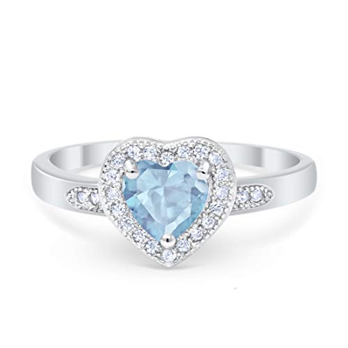 Halo Heart Promise Ring Round Cubic Zirconia 925 Sterling Silver (Simulated Blue Aquamarine CZ, 6)