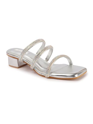 Image of ELLE women's Square Toe Block heel Slip-On sandal with Embellished Strap