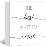 LYEQUIYISA Home Office Desk Decor for Women, Inspirational Quote Wooden Box Sign for Shelf Table Bathroom Kitchen, Farmhouse Cubicle Decorations- The Best Is Yet To Come, 5x5 Inch