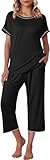 Ekouaer Women's Capri Pajama Sets Floral Print Short Sleeve Sleepwear Top and Capri Pants Soft Loungewear with Pockets Black XXL
