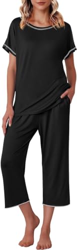 Image of Ekouaer Women's Capri Pajama Sets Print Short Sleeve Sleepwear Top and Capri Pants Soft Loungewear with Pocket