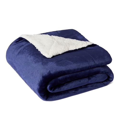 Amazon Basics Reversible Sherpa Fleece Sofa Throw Blanket, 127 x 152 cm, Navy Blue