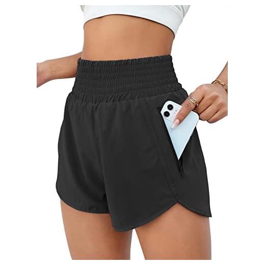 BMJL Women's Athletic Shorts High Waisted Running Short Pocket Sporty Shorts Gym Elastic Workout Short(L,Black)