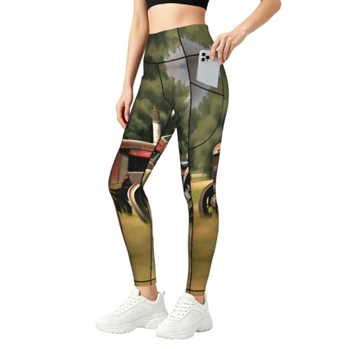 Leggings con estampado de granja con bolsillos para mujer y pantalones tractores antiguos