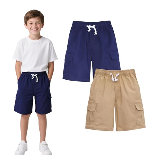 HILEELANG Kids Boy Cargo Shorts School Uniform Navy Blue Khaki