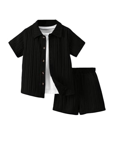 Image of SweatyRocks Boy's 2 Piece Summer Vacation Outfits Short Sleeve Collar Button Down Shirt and Shorts Clothing Set