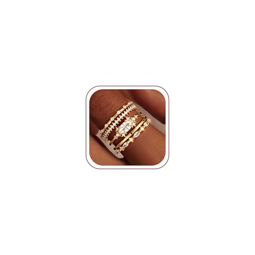 Mujahid 14K Gold Plated Stackable Rings for Women Never Fade - Fashion Dainty Cubic Zirconia Wedding Bands Ring Set Minimalist Trendy Statement Engagement Promise Thumb Rings Stacking Size 9