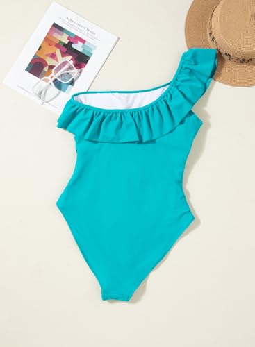 Dokotoo Womens One Piece Swimsuits One Shoulder Ruched Asymmetric Ruffles Removable Padded Sexy Monokinis Tummy Control Plus Size Swimwears,Peacock Blue X-Large — view 5