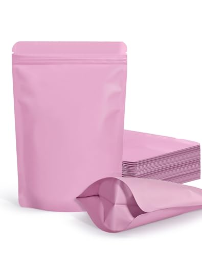100 Pack Resealable Stand Up Bags,Smell Proof Pouch Sealable Foil Pouch Bags for Packaging (Pink, 6.3" x 9.4")