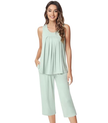 Image of NACHILA Pajamas for Women-Viscose Made from Bamboo, Sleeveless Pjs Tank Top Capri Pants Pajama Sets Cooling Sleepwear