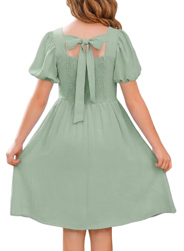 YOVION Girls Sage Green Easter Dress Summer Boho Smocked A-Line Beach Party Dresses for Kids 12 Years