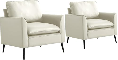 Modern Faux Leather Chair Set of 2, Oversized Arm Chair for Living Room, Mid-Century Accent Sofa for Bedroom Comfy, Upholstered Single Sofa Readingchair for Waiting Room and conference room,Cream