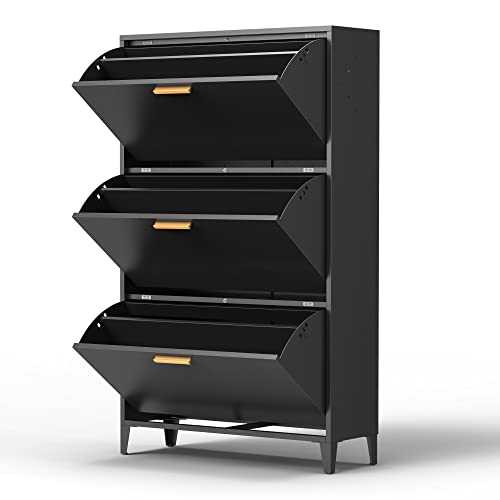 All Steel Shoe Cabinet With 3 Flip Drawers, Modern Tipping Bucket Shoe Storage Cabinet, Organizer, Shoe Rack For Entryway, Freestanding Or Wall-Mounted, Black #TOP6