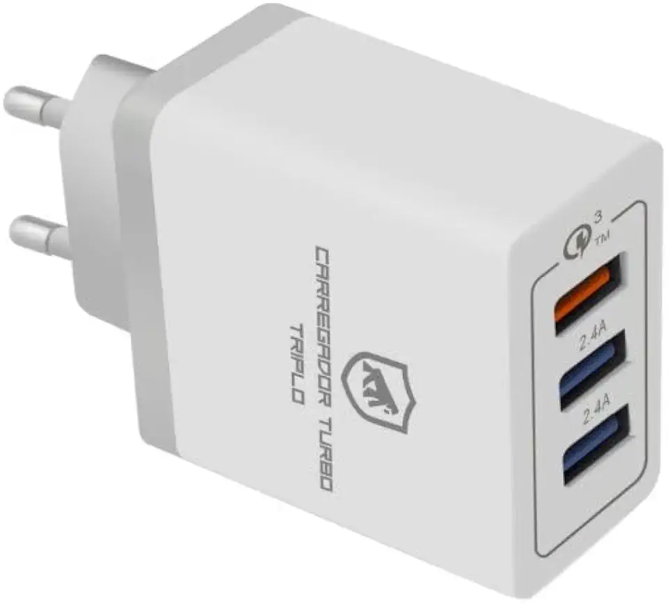 Gshield Carregador de Parede Universal Turbo Triplo 3 Portas USB A, Potência de até 18W Fast Charge e Qualcomm 3.0 (Branco)