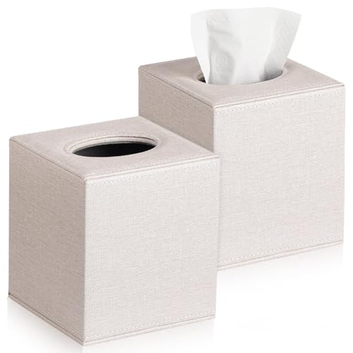 VZZNN 2 Pack Square Tissue Box Cover - Modern Cube Tissue Holder with Magnetic Base Decorative Tissue Organizer for Bathroom Vanity Dresser Countertop Bedroom Office and Car Beige