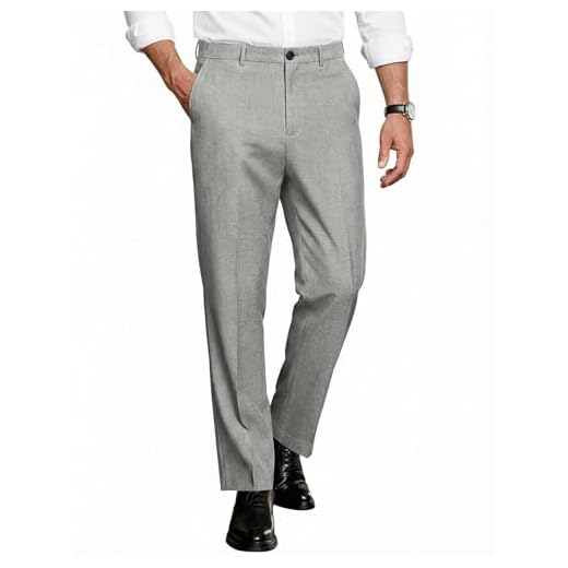 COOFANDY Calça social masculina, ajuste clássico, casual, frente plana, cintura expansível, calça social, Cinza-claro mesclado, 34W / 30L