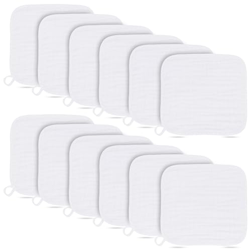 BAMBOO QUEEN Baby Washcloths -100% Cotton Muslin Soft Baby Bath Wash Cloths and Absorbent Baby Wipes for Newborns Kids Girls and Boys - 12 Pack, 12x12 Inches - White