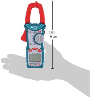 Diagram showing the dimensions of the TOTAL TMT46003 Clamp Ammeter, indicating a length of 19 cm or 7.9 inches.