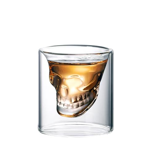 Kilimazart Bicchiere da shot a forma di teschio in vetro borosilicato trasparente, resistente al calore, design a doppia parete con forma di teschio 3D