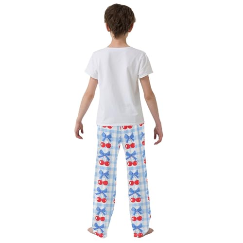 Cherry Blue Bow Grid Pattern Pajama Pants Long Sleep Pant Soft PJ Bottoms Sleepwear3
