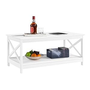 Yaheetech Couchtisch Kaffeetisch mit 2 Ablagen Sofatisch X-Form Stütze Wohnzimmertisch aus Holz Einfacher Aufbau Moderner Beistelltisch für Wohnzimmer/Balkon/Büro, 100 x 50 x 45 cm Weiß