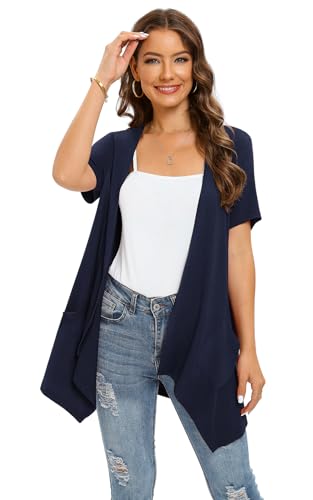 Image of Veryoung Floral Short Sleeve Cardigans for Women Casual Drape Open Front Lightweight Summer Cardigan with Pocket High Low Hem