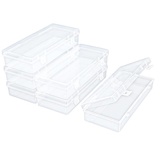 Thintinick Lot de 6 boîtes de rangement rectangulaires en plastique transparent avec couvercle à charnière pour perles et autres petits objets d'artisanat (15,5 x 6,5 x 3 cm)
