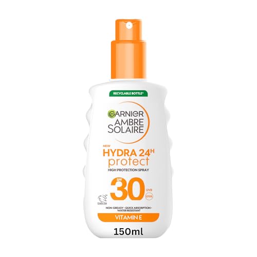 Garnier Ambre Solaire Sun Cream SPF 30 Hydra 24 Hour Protect High Protection UVB & UVA Hydrating Sun Lotion, Enriched with Vitamin E, Water Resistant, Non-Greasy, Fast Absorbing 150ml