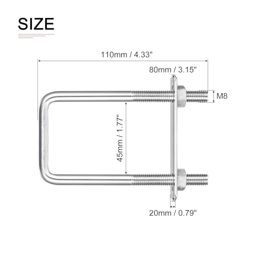 Image of DTGN M8x45x110mm(ThreadxWxL) Square U Bolt - 2Pack - Good for Trailer Pipe Replacement Parts - 304 Stainless Steel U Shape Bolts
