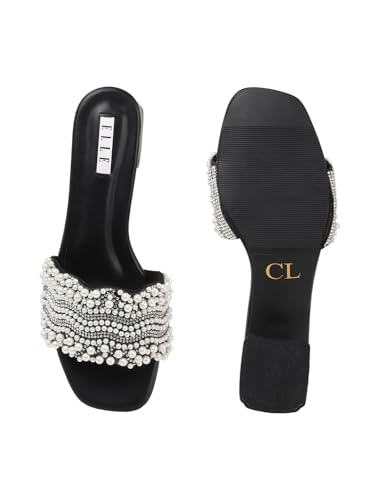 Image of ELLE Women's Elegant Pearl Sandal Beaded Low Heel Sandals for Special Occasions