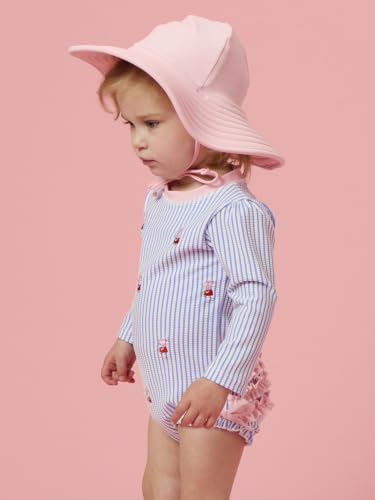 Image of RuffleButts Baby Girls Seersucker Rash Guard - One Piece Swimsuit UPF 50+ | Premium Quality, 4-way Stretch, Snap + Zipper Closure, Long Sleeves, Hand Wash, UPF 50+ Sun Protection